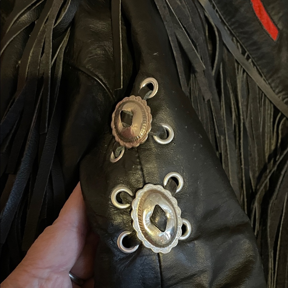 Fringed Black Bomber Jacket with Red Floral Design - Picture 3 of 3